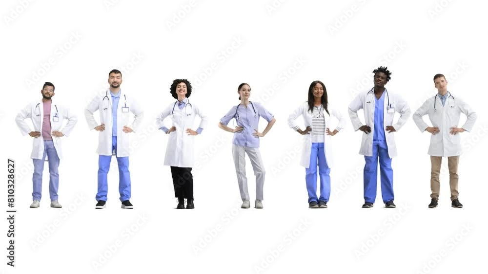 A group of doctors, full-length, on a white background, hands on the belt A group of doctors, full-length, on a white background, hands on the belt