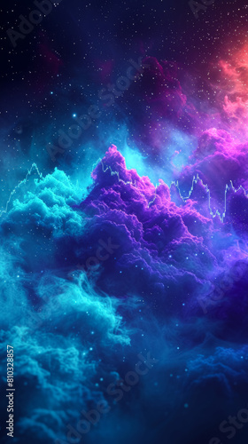 A colorful space scene with a blue cloud in the middle