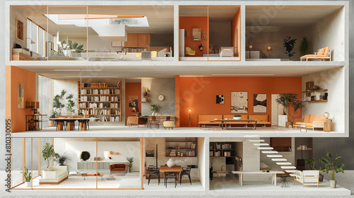 A cross-section of a modern dollhouse with a living room, dining room, kitchen, and bedroom photo