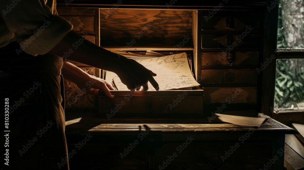 Silhouette of Person Opening Hidden Compartment in Antique Desk