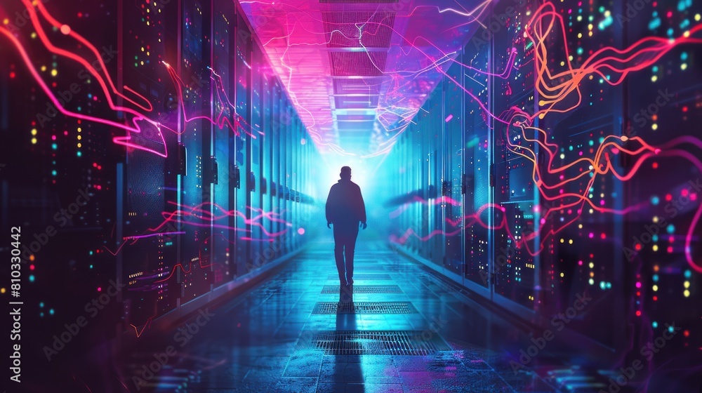 Man standing in server room of large data center. Computer engineering and big data concept Man standing in server room of large data center. Computer engineering and big data concept