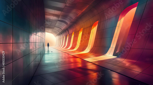 The image shows a long, futuristic corridor with a bright light at the end photo