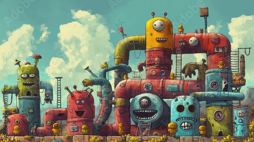 The image shows a group of colorful robots made of pipes and other mechanical parts