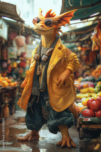 A yellow anthropomorphic lizard wearing sunglasses and a yellow trench coat is standing in a market. photo