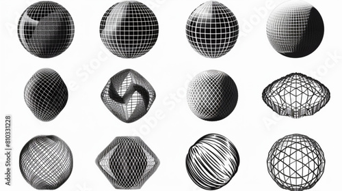 3d wireframe shapes. Grid sphere, cylinder and torus, amorphic asteroid, hyperboloid metaverse geometric elements. Isolated vector futuristic retrowave set 3D avatars set vector icon, white background © Ahtesham