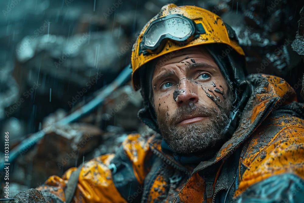 Fototapeta premium A miner trapped inside a collapsed mine, weak body, rocks in the background of the mine