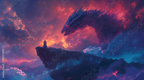 The brave knight on the cliff, facing the dragon in the red clouds. photo