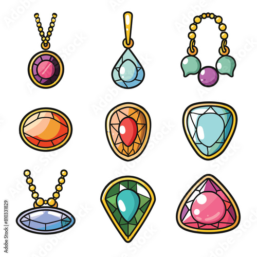 Collection colorful gemstone pendants necklaces accessories fashion jewelry isolated white background. Variety shiny crystals elegant ornaments trendy style. Assorted luxury gem encrusted pendant