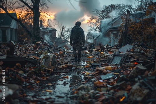 A survivor emerging from the wreckage of their home, surrounded by the debris 