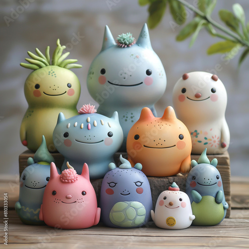 A group of cute and colorful creatures made of clay. They have different shapes and sizes and are all smiling.