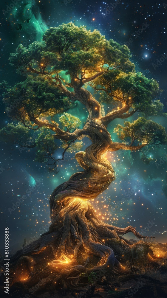Obraz premium A beautiful illustration of the tree of life surrounded by heavenly nebulas of the galaxy. 