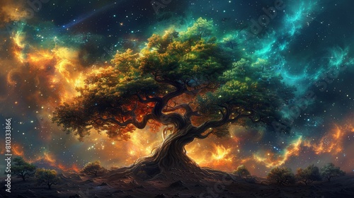 A beautiful illustration of the tree of life surrounded by heavenly nebulas of the galaxy. 