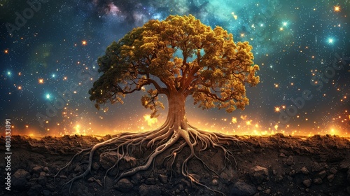 A beautiful illustration of the tree of life surrounded by heavenly nebulas of the galaxy. 