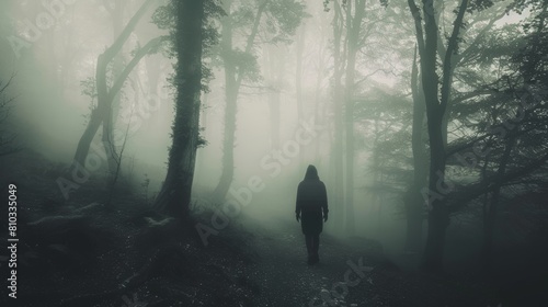 Eerie Silhouette Disappearing in Enigmatic Foggy Woodland. photo