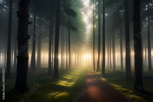 A serene forest clearing with sunlight filtering through the trees -
