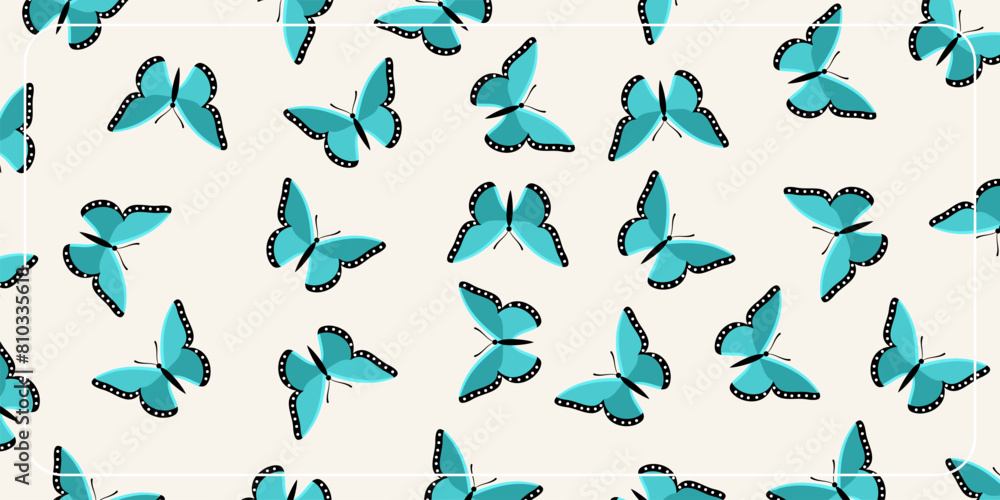 summer background seamless pattern with blue butterfly icons. design for banner, poster, greeting card, social media.