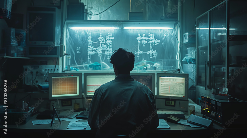 The image shows a person sitting in a dark room in front of multiple computer screens The image shows a person sitting in a dark room in front of multiple computer screens