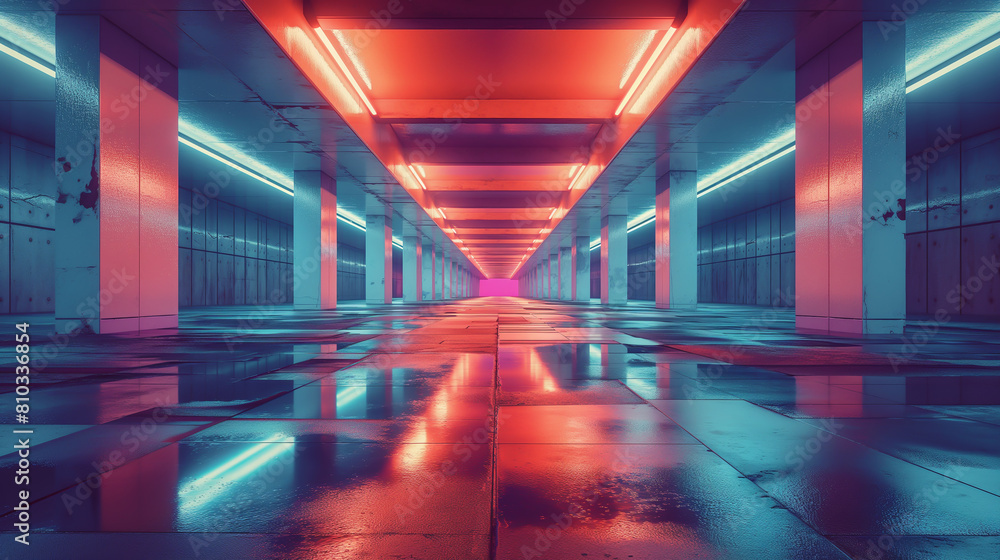 The image is a long, dark corridor with bright, glowing lights on the walls and floor