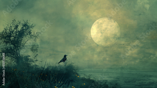 A large black bird perches on a branch in a moonlit forest