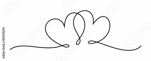 Continuous one line drawing of two hearts symbol. Hand drawing love icon. Two linked hearts.  