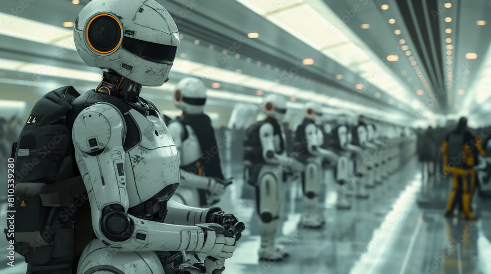 The image shows a group of robots standing in a row, all of them wearing the same uniform and carrying the same equipment