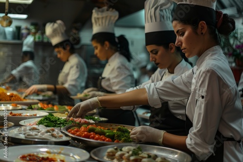 Chefs preparing dishes in a restaurant kitchen