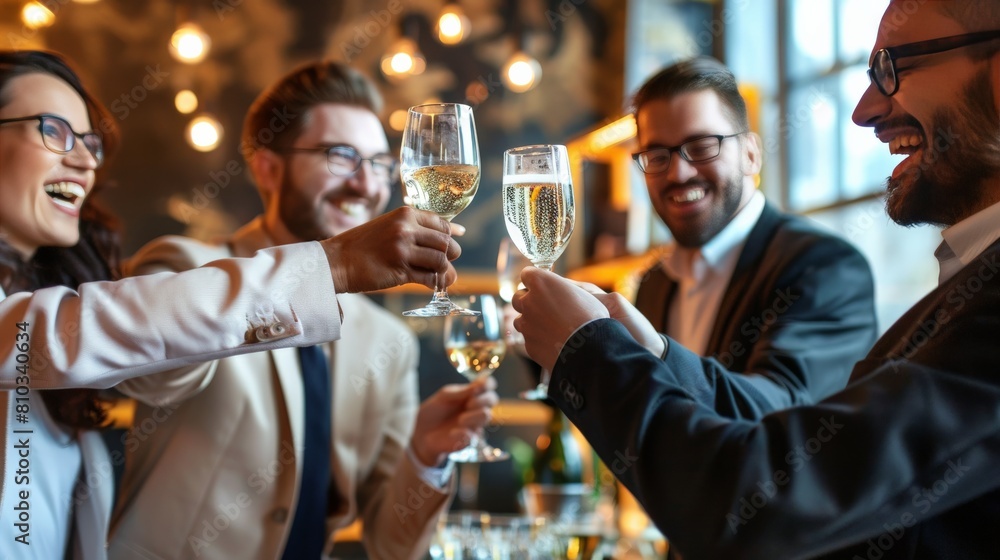 A business team celebrating a successful project, their faces filled with joy and relief. They are clinking glasses of champagne, and the room is filled with laughter and congratulations. A business team celebrating a successful project, their faces filled with joy and relief. They are clinking glasses of champagne, and the room is filled with laughter and congratulations.