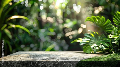 Stone tabletop podium floor in outdoors tropical garden forest blurred green leaf plant nature background.Natural product placement pedestal stand display jungle paradise concept AI generated