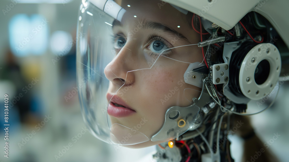 Close-up of a young girl wearing a transparent helmet. Her face is expressionless. She is looking up at something. Close-up of a young girl wearing a transparent helmet. Her face is expressionless. She is looking up at something.