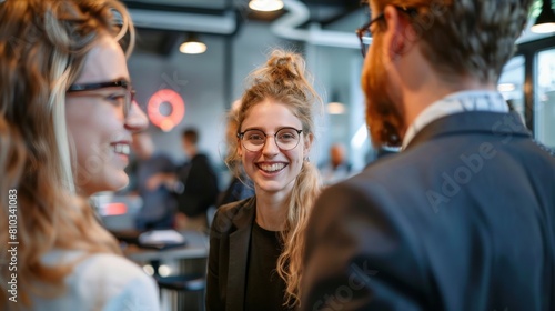 A business team welcoming a new member to the team, their faces warm and welcoming. The new member is smiling and looking around the room, feeling excited and nervous at the same time.