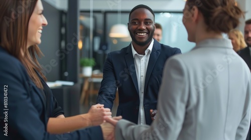 A business team welcoming a new member to the team, their faces warm and welcoming. The new member is smiling and looking around the room, feeling excited and nervous at the same time. photo