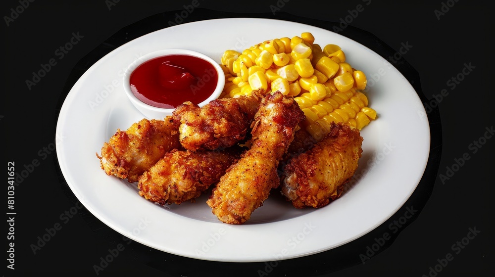 Breaded chicken wings with boiled corn and ketchup. Food on a white plate isolated on a black background Breaded chicken wings with boiled corn and ketchup. Food on a white plate isolated on a black background