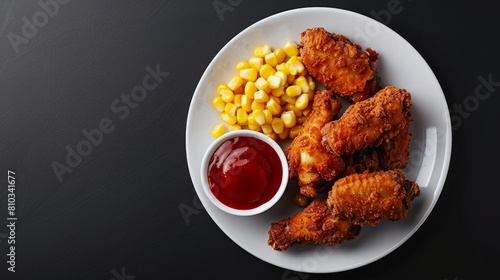 Breaded chicken wings with boiled corn and ketchup. Food on a white plate isolated on a black background