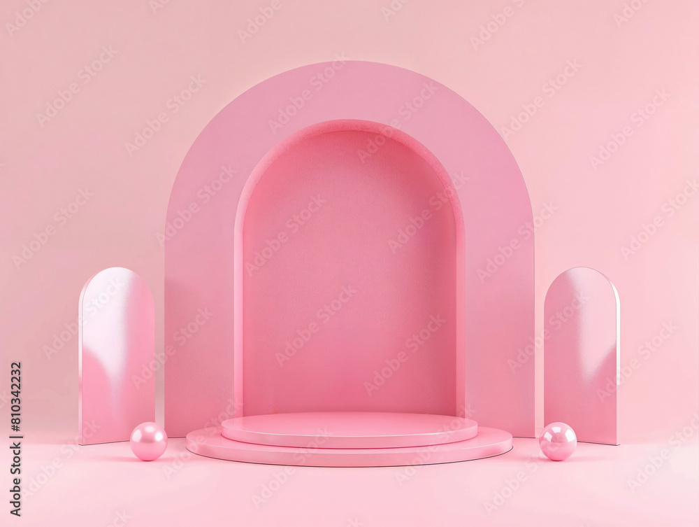 Pink arch podium with spherical accents on a matching pink background. Modern minimalist product display with geometric shapes for design and advertising. Pink arch podium with spherical accents on a matching pink background. Modern minimalist product display with geometric shapes for design and advertising.