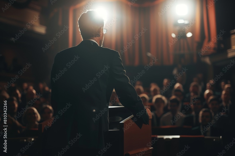 Orator addressing the hall during a political event Orator addressing the hall during a political event