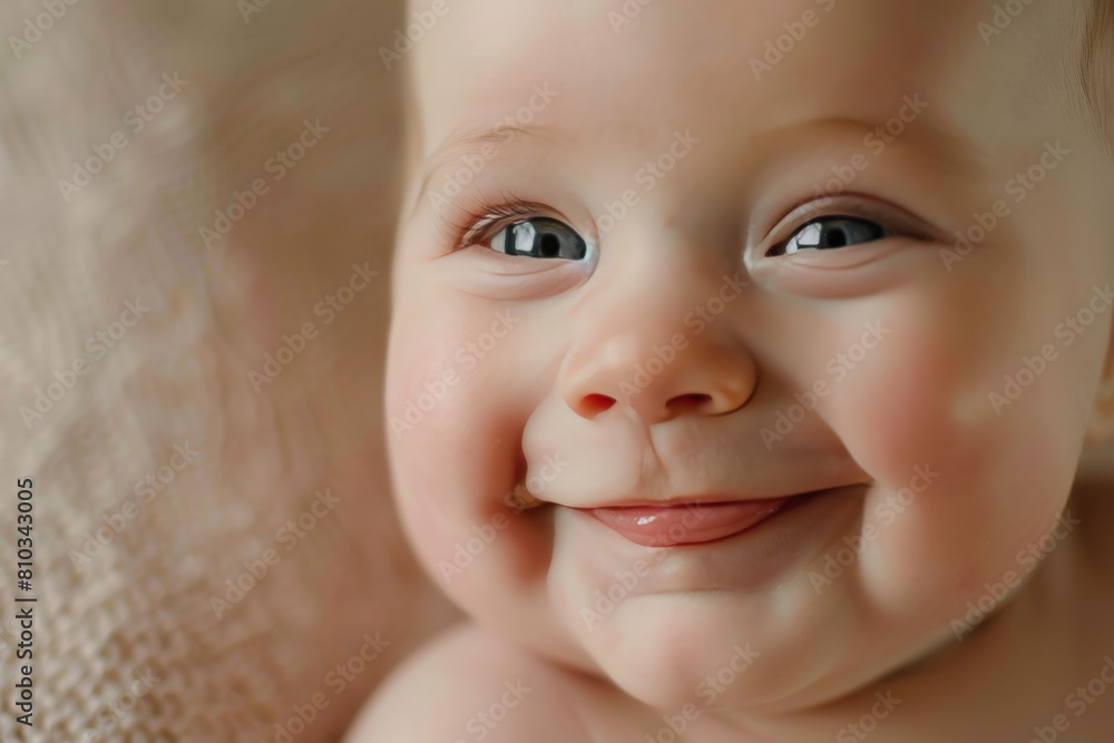 A close-up of a baby's face with a big smile. The cheeks are chubby and the eyes are crinkled. The baby is happy and content.