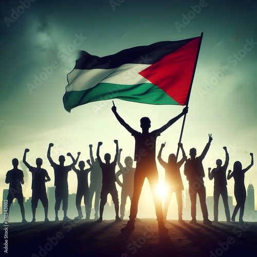 Wallpaper Mural Silhouette of a Palestinian Peoples waving Palestine flag and Celebrating solidarity, Illustration of The flag of the Palestine Torontodigital.ca