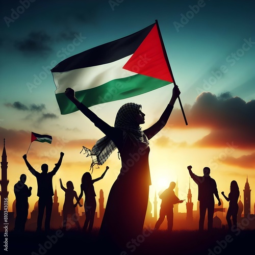 Wallpaper Mural Silhouette of a Palestinian Peoples waving Palestine flag and Celebrating solidarity, Illustration of The flag of the Palestine Torontodigital.ca