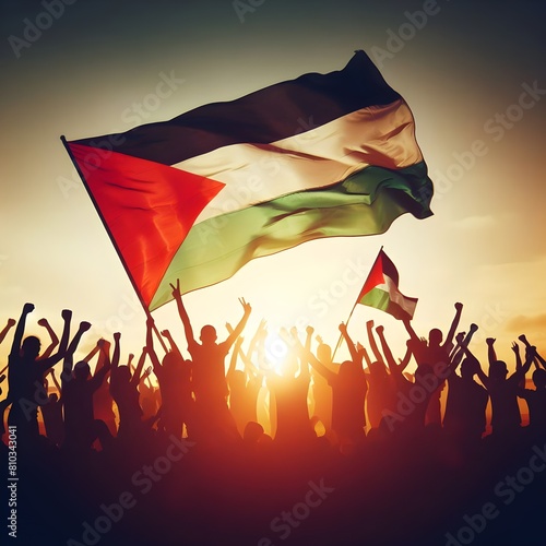 Wallpaper Mural Silhouette of a Palestinian Peoples waving Palestine flag and Celebrating solidarity, Illustration of The flag of the Palestine Torontodigital.ca