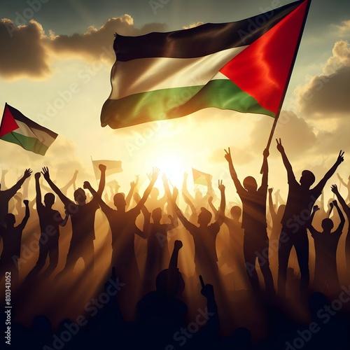 Wallpaper Mural Silhouette of a Palestinian Peoples waving Palestine flag and Celebrating solidarity, Illustration of The flag of the Palestine Torontodigital.ca