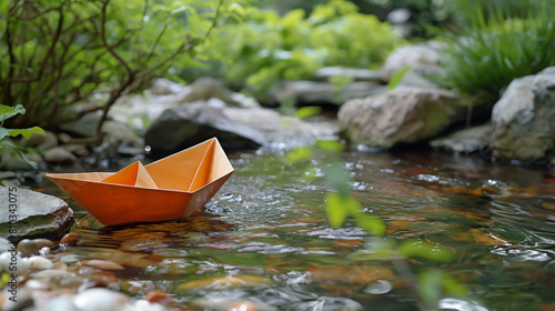 An orange paper boat floating on a small river
