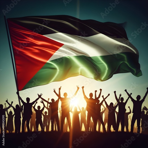 Wallpaper Mural Silhouette of a Palestinian Peoples waving Palestine flag and Celebrating solidarity, Illustration of The flag of the Palestine Torontodigital.ca
