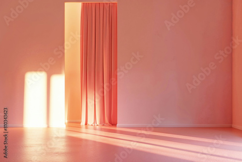 Empty room with red curtains and streaming sunlight. Minimalist interior design concept with space for text  ideal for theatrical or event backgrounds