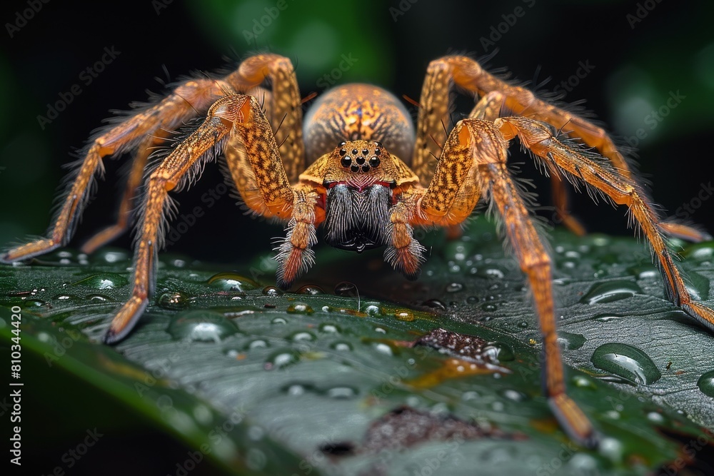 An intricately detailed spider poised on a leaf dotted with fresh raindrops, sharply in focus An intricately detailed spider poised on a leaf dotted with fresh raindrops, sharply in focus