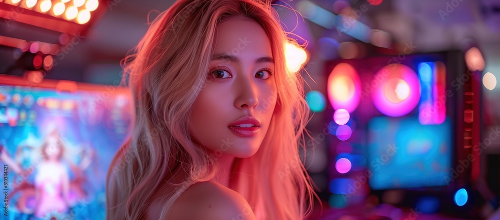 Young Woman in Neon-Lit Arcade Room Young Woman in Neon-Lit Arcade Room