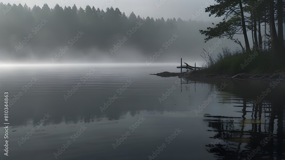 A misty morning over a calm, mist-covered lake -