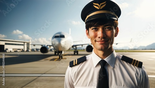 Confident commercial airplane pilot posing on the runway, in front of a passenger jet