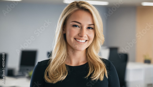 Friendly blonde office receptionist smiling and welcoming, with modern office backdrop