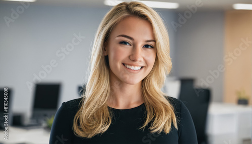 Free Download Friendly blonde office receptionist smiling and welcoming, with modern office backdrop - GFXLoad