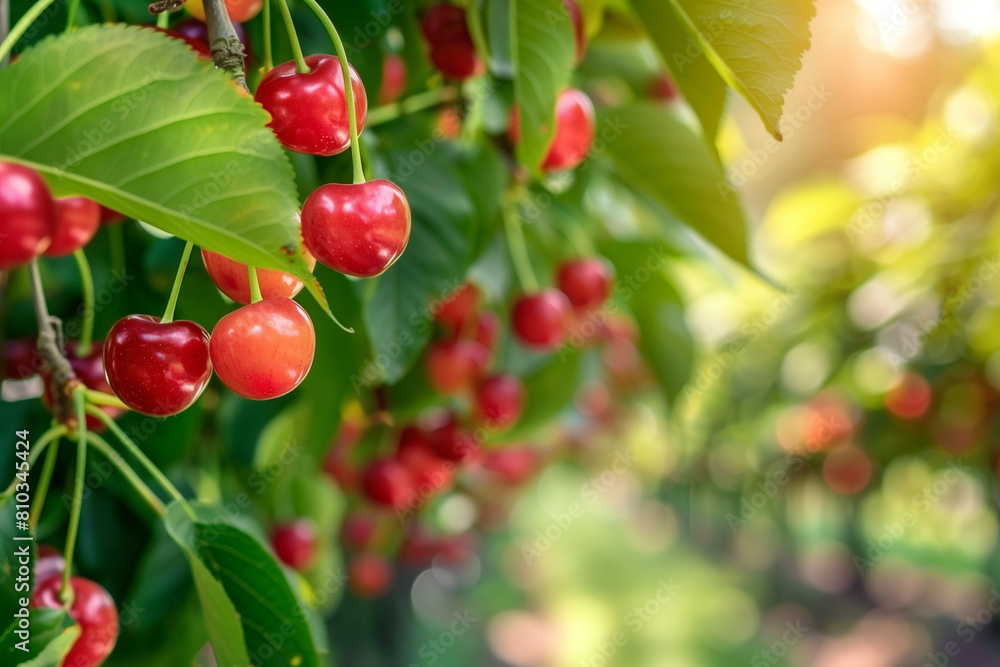Cherries hanging from a tree branch, showcasing the natural beauty of healthy cherry trees and agriculture, with space for advertising Cherries hanging from a tree branch, showcasing the natural beauty of healthy cherry trees and agriculture, with space for advertising
